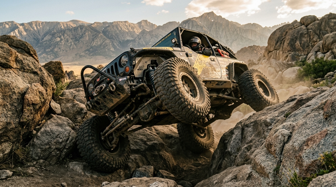 Extreme 4x4 rig crawling granite rocks with full articulation
